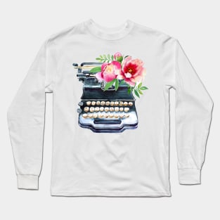 Watercolor typewriter with flowers Long Sleeve T-Shirt